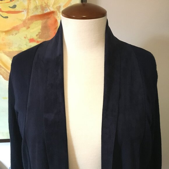 Velvety Soft Lapel Eleven Eleven Deepsea Blue Handkerchief Hem Open Cardigan - Picture 2 of 16